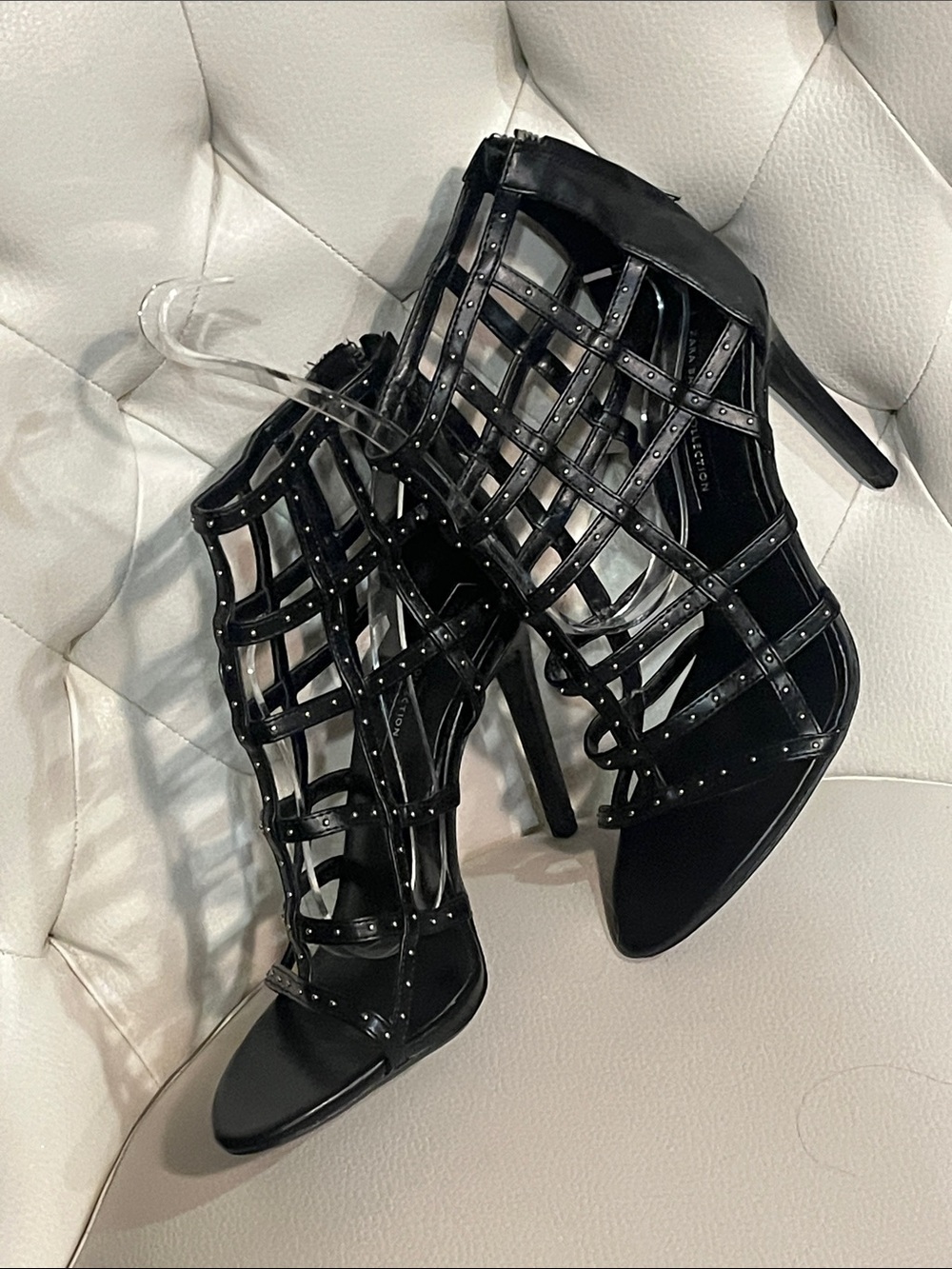 Zara Black Studded Cage Stiletto Sandals back zipper Beautiful Rare Find